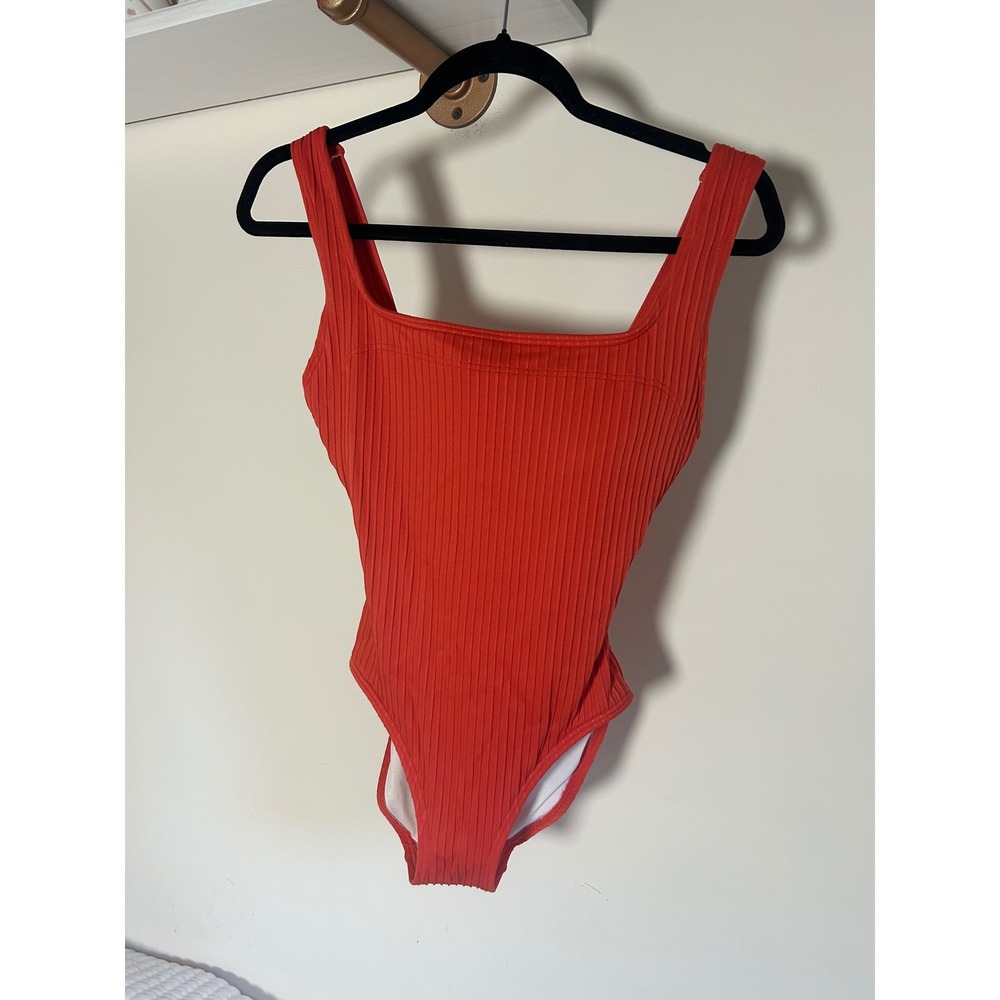 Michael Kors Orange Ribbed One Piece Swimsuit Square‎ Neckline Women's Size 8
